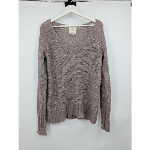 Aerie V-Neck Open Weave Long Sleeve Pull Over Sweater Women's Large Tan - Picture 1 of 7